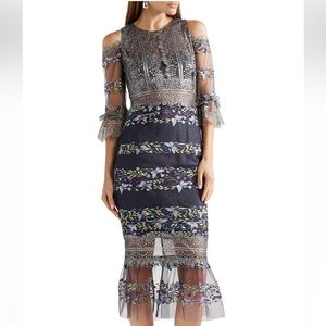 Marchesa Notte Cold-shoulder embroidered lace and tulle midi dress 12 NEW